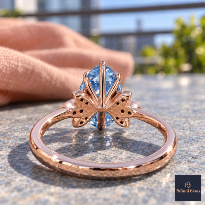 Blue Pear Cut Lab Grown Diamond Engagement Ring - Floral Leaf Accents in rose gold, gallery view