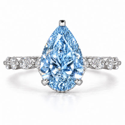 Blue Pear Cut Lab Grown Diamond Engagement Ring - Navette Band in white gold, front view
