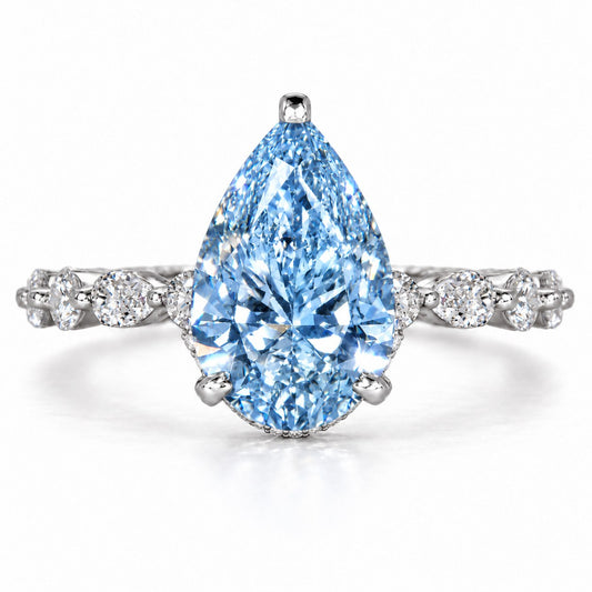 Blue Pear Cut Lab Grown Diamond Engagement Ring - Navette Band in white gold, front view