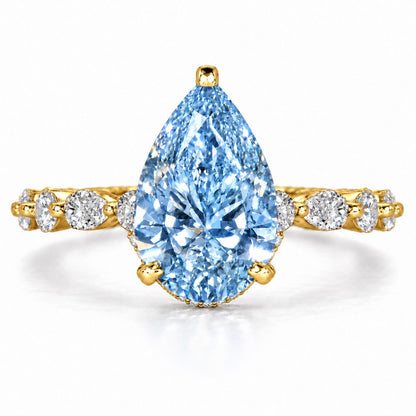 Blue Pear Cut Lab Grown Diamond Engagement Ring - Navette Band in yellow gold, front view