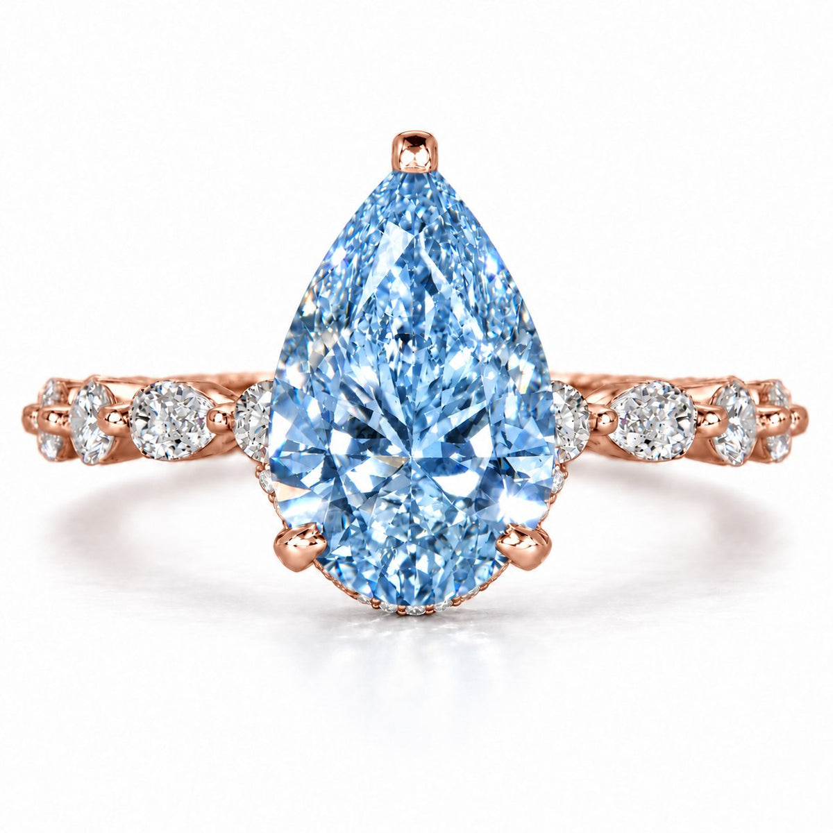 Blue Pear Cut Lab Grown Diamond Engagement Ring - Navette Band in rose gold, front view