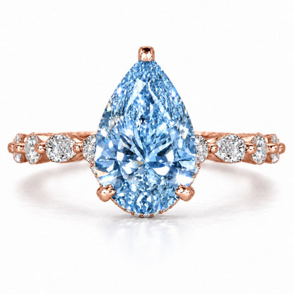Blue Pear Cut Lab Grown Diamond Engagement Ring - Navette Band in rose gold, front view