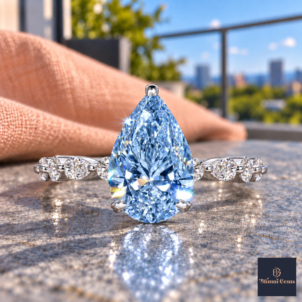 Blue Pear Cut Lab Grown Diamond Engagement Ring - Navette Band in white gold, close-up