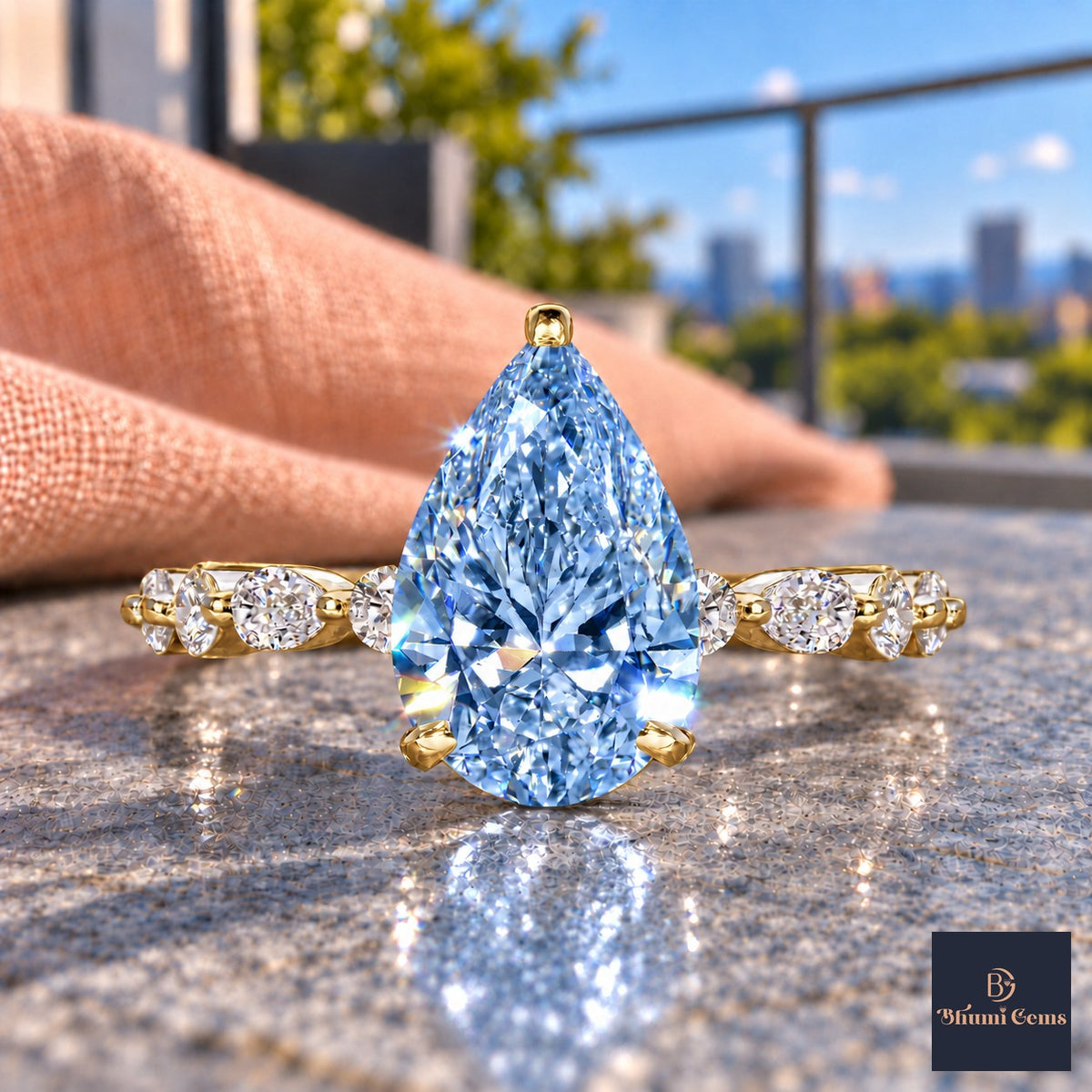 Blue Pear Cut Lab Grown Diamond Engagement Ring - Navette Band in yellow gold, close-up
