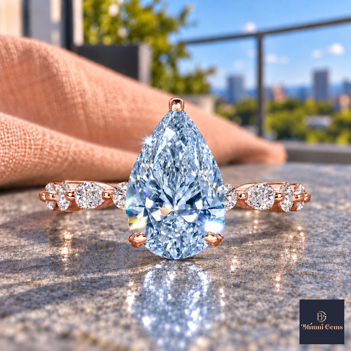 Blue Pear Cut Lab Grown Diamond Engagement Ring - Navette Band in rose gold, close-up