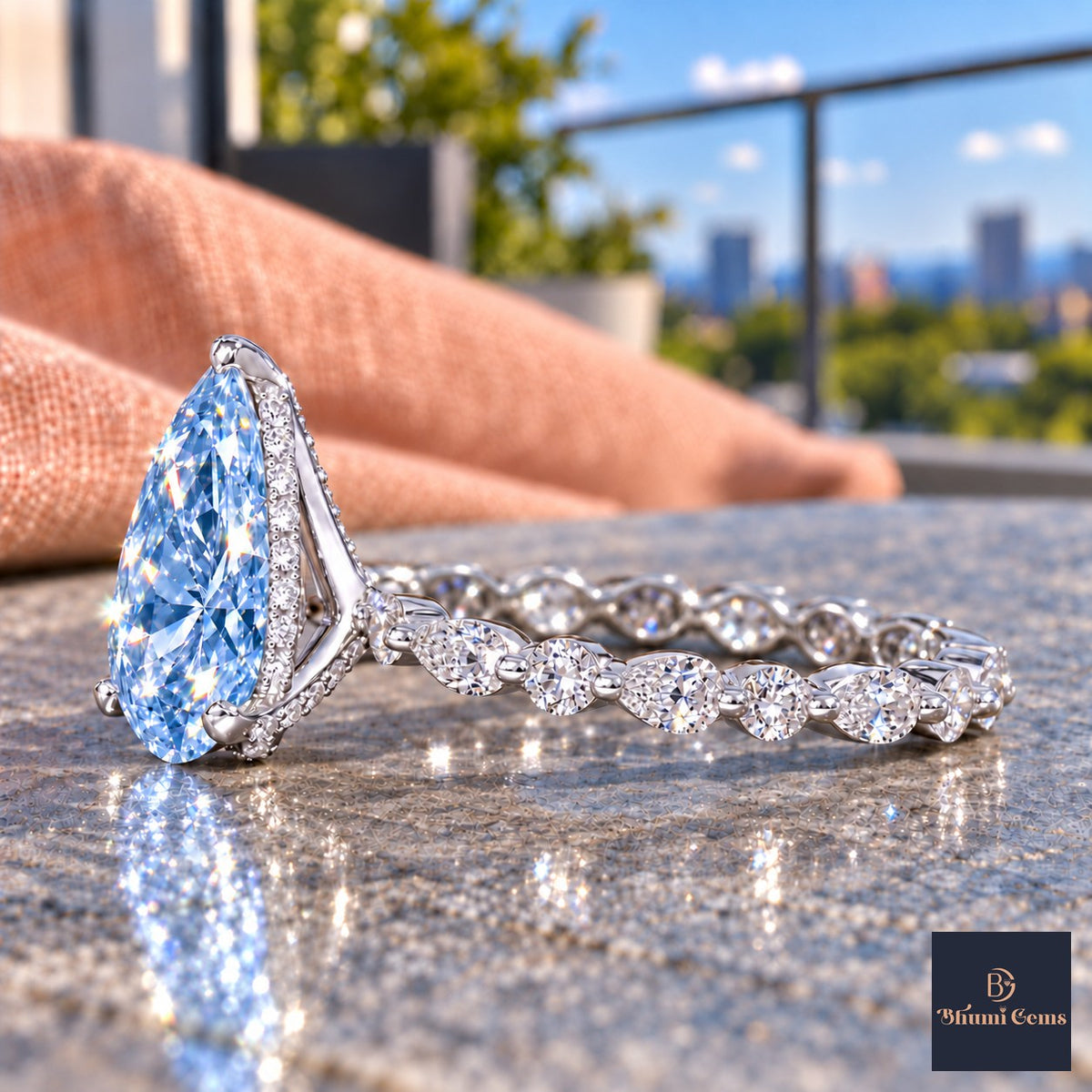 Blue Pear Cut Lab Grown Diamond Engagement Ring - Navette Band in white gold, side view