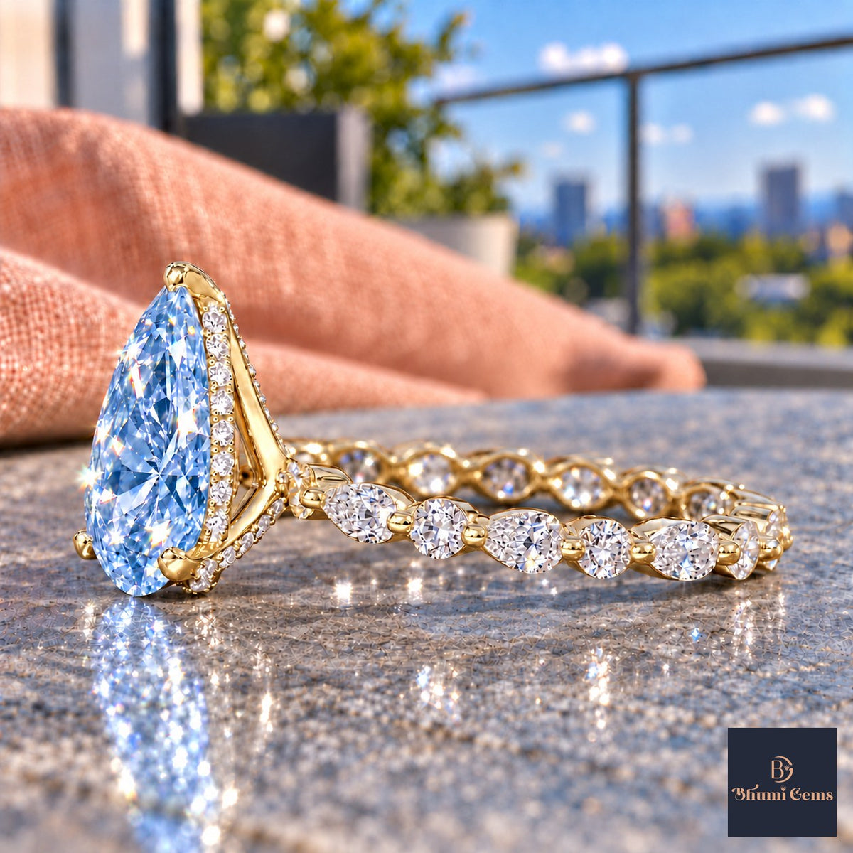 Blue Pear Cut Lab Grown Diamond Engagement Ring - Navette Band in yellow gold, side view