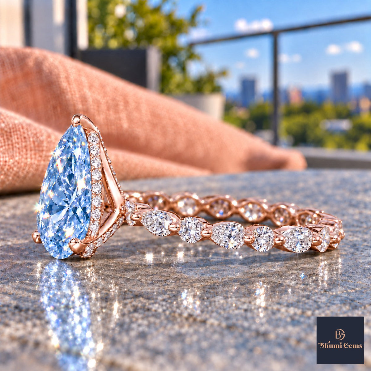 Blue Pear Cut Lab Grown Diamond Engagement Ring - Navette Band in rose gold, side view