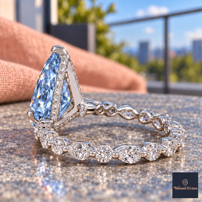 Blue Pear Cut Lab Grown Diamond Engagement Ring - Navette Band in white gold, gallery view