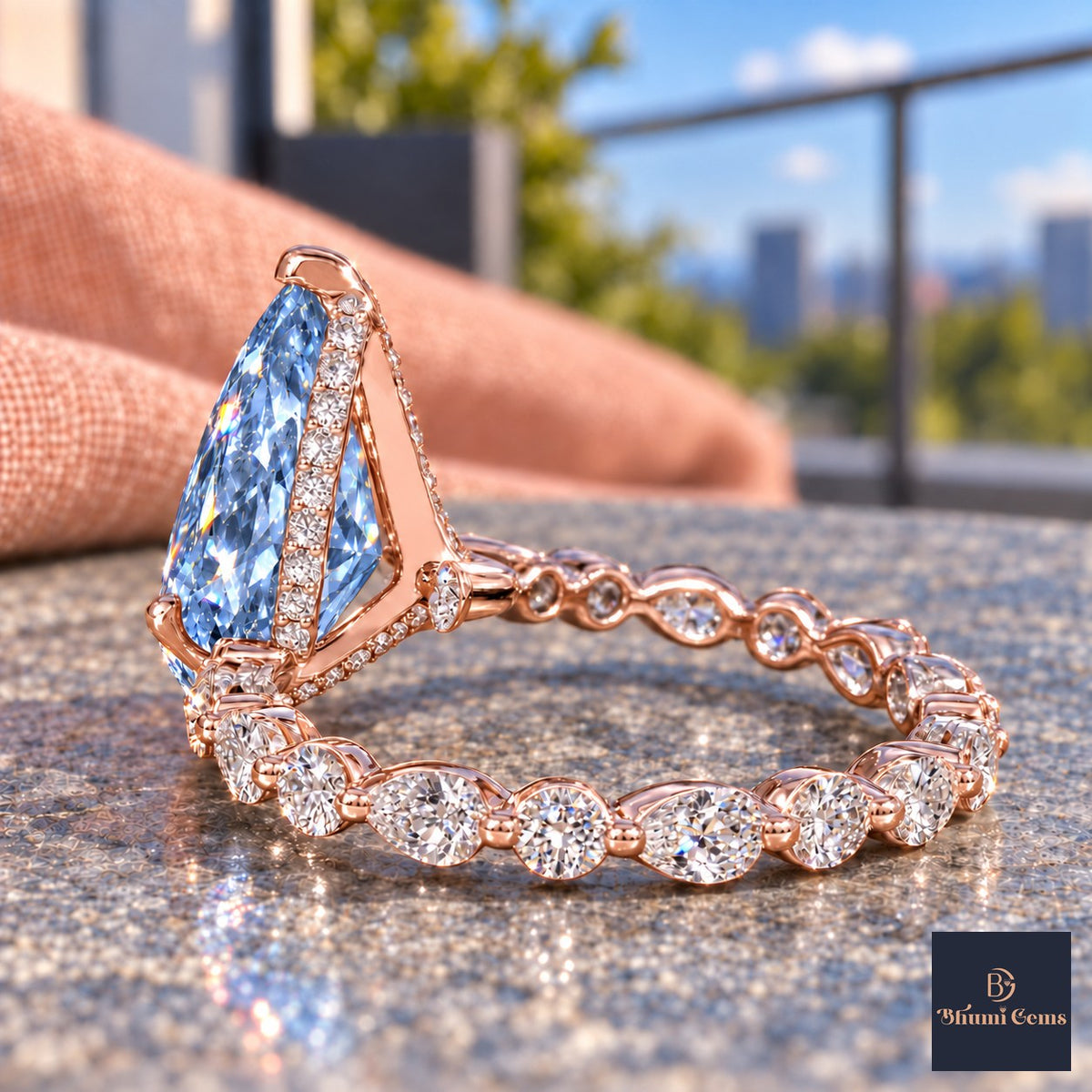 Blue Pear Cut Lab Grown Diamond Engagement Ring - Navette Band in rose gold, gallery view