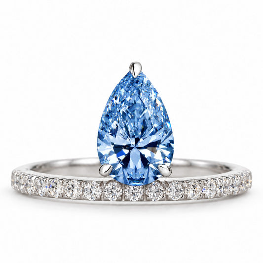 Blue Pear Cut Lab Grown Diamond Engagement Ring - Pave Band in white gold, front view