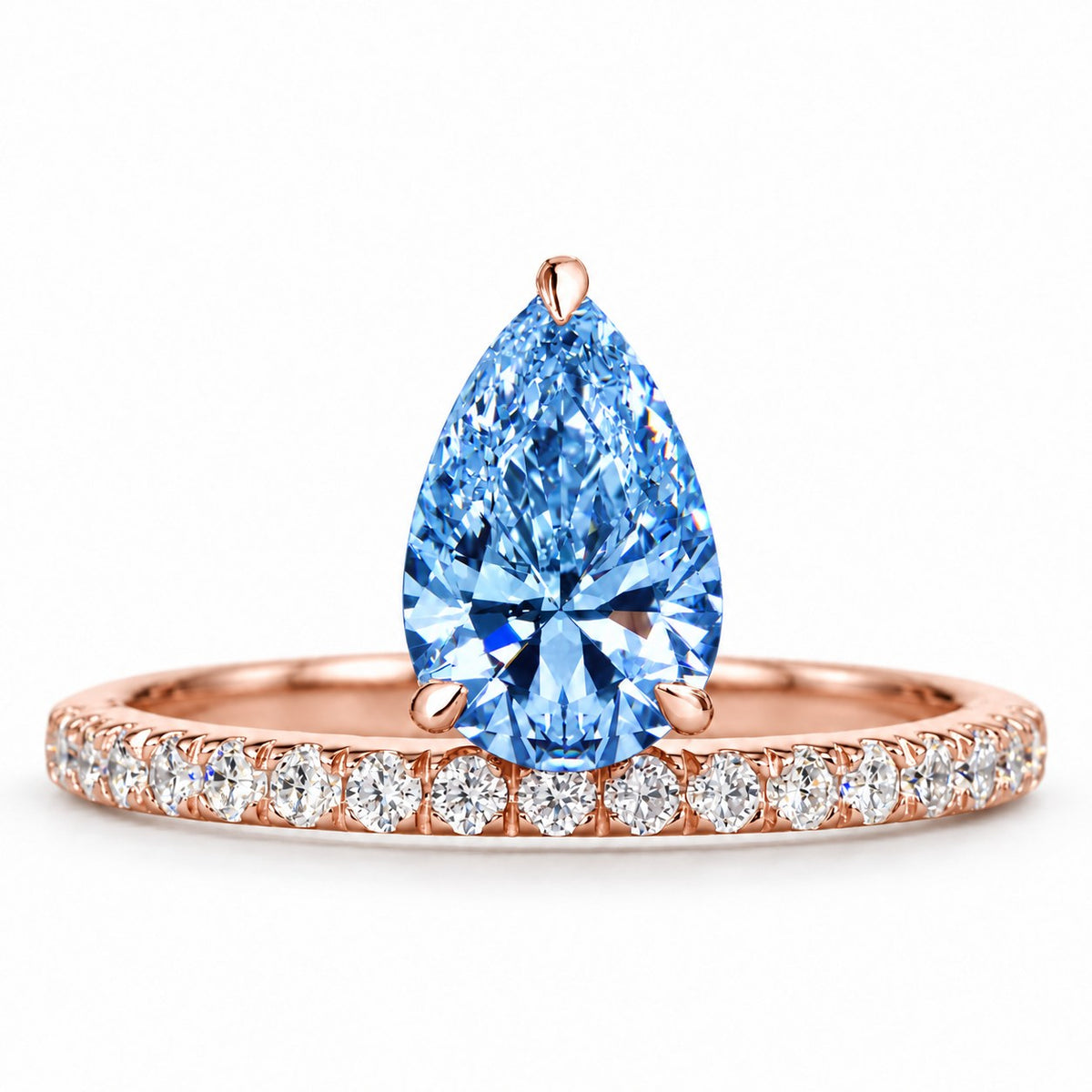 Blue Pear Cut Lab Grown Diamond Engagement Ring - Pave Band in rose gold, front view