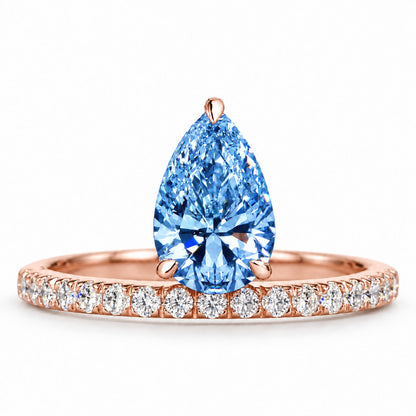 Blue Pear Cut Lab Grown Diamond Engagement Ring - Pave Band in rose gold, front view