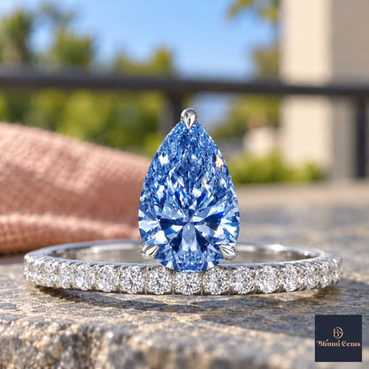 Blue Pear Cut Lab Grown Diamond Engagement Ring - Pave Band in white gold, close-up