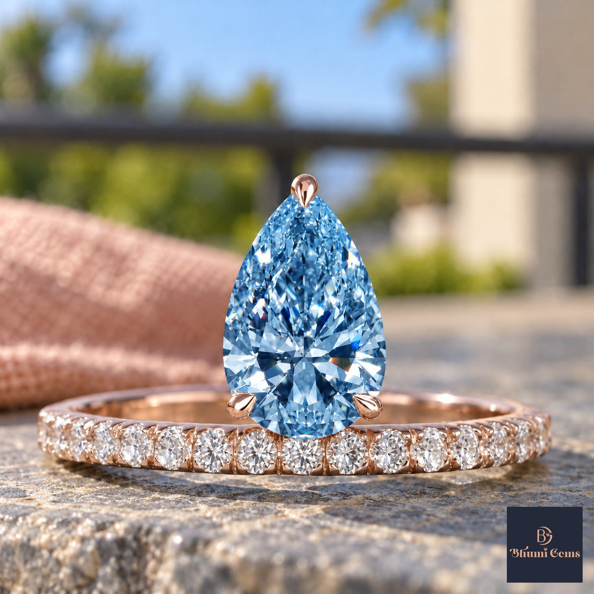 Blue Pear Cut Lab Grown Diamond Engagement Ring - Pave Band in rose gold, close-up