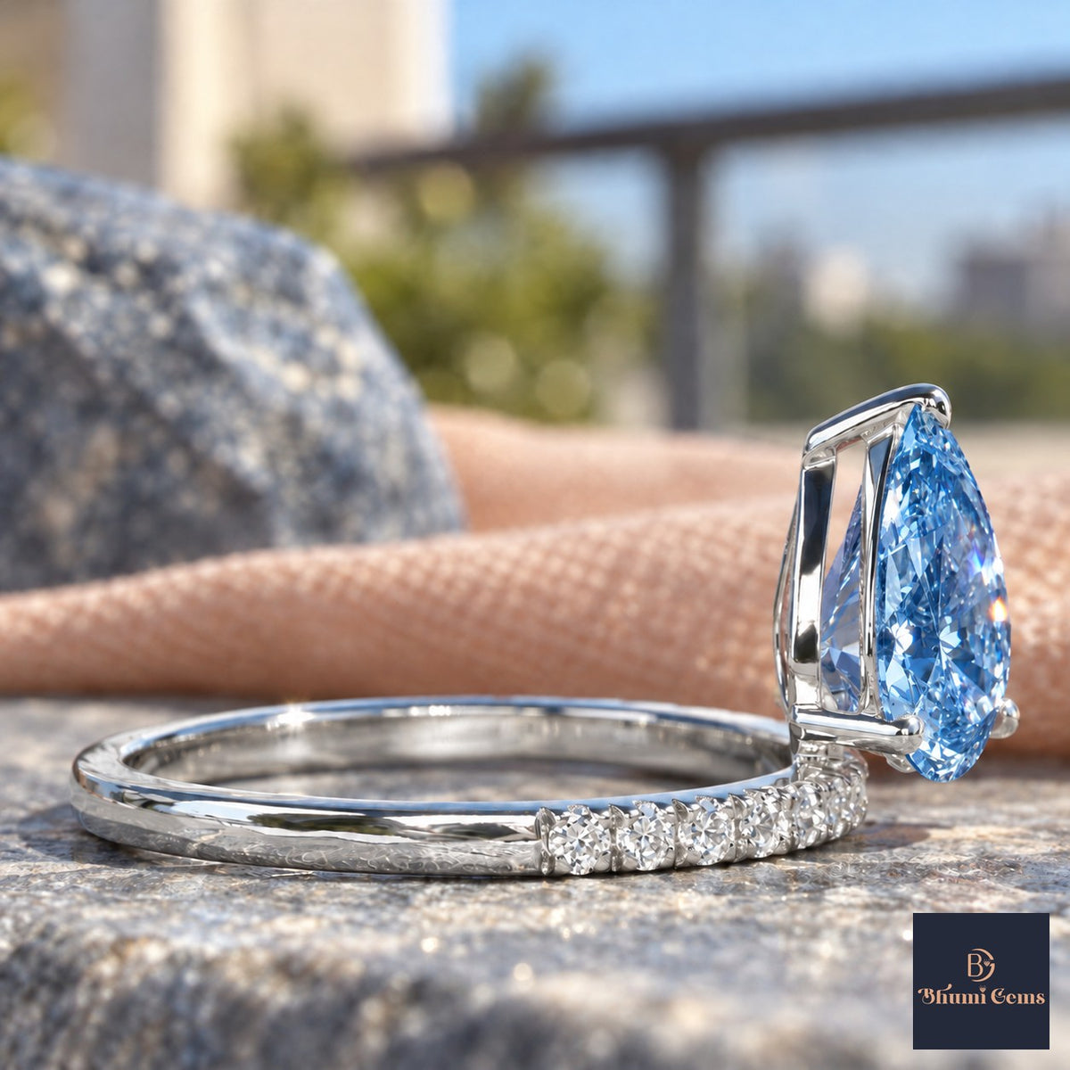 Blue Pear Cut Lab Grown Diamond Engagement Ring - Pave Band in white gold, side view