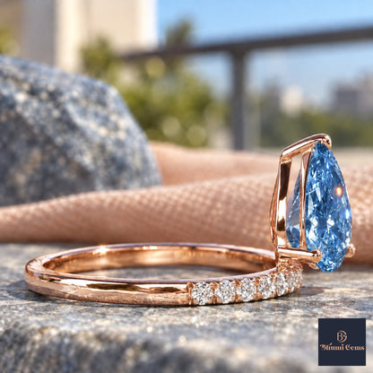 Blue Pear Cut Lab Grown Diamond Engagement Ring - Pave Band in rose gold, side view