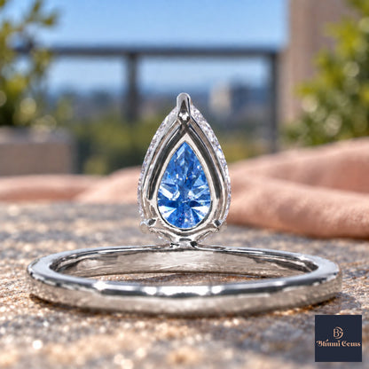 Blue Pear Cut Lab Grown Diamond Engagement Ring - Pave Band in white gold, gallery view