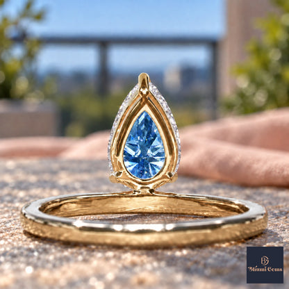 Blue Pear Cut Lab Grown Diamond Engagement Ring - Pave Band in yellow gold, gallery view