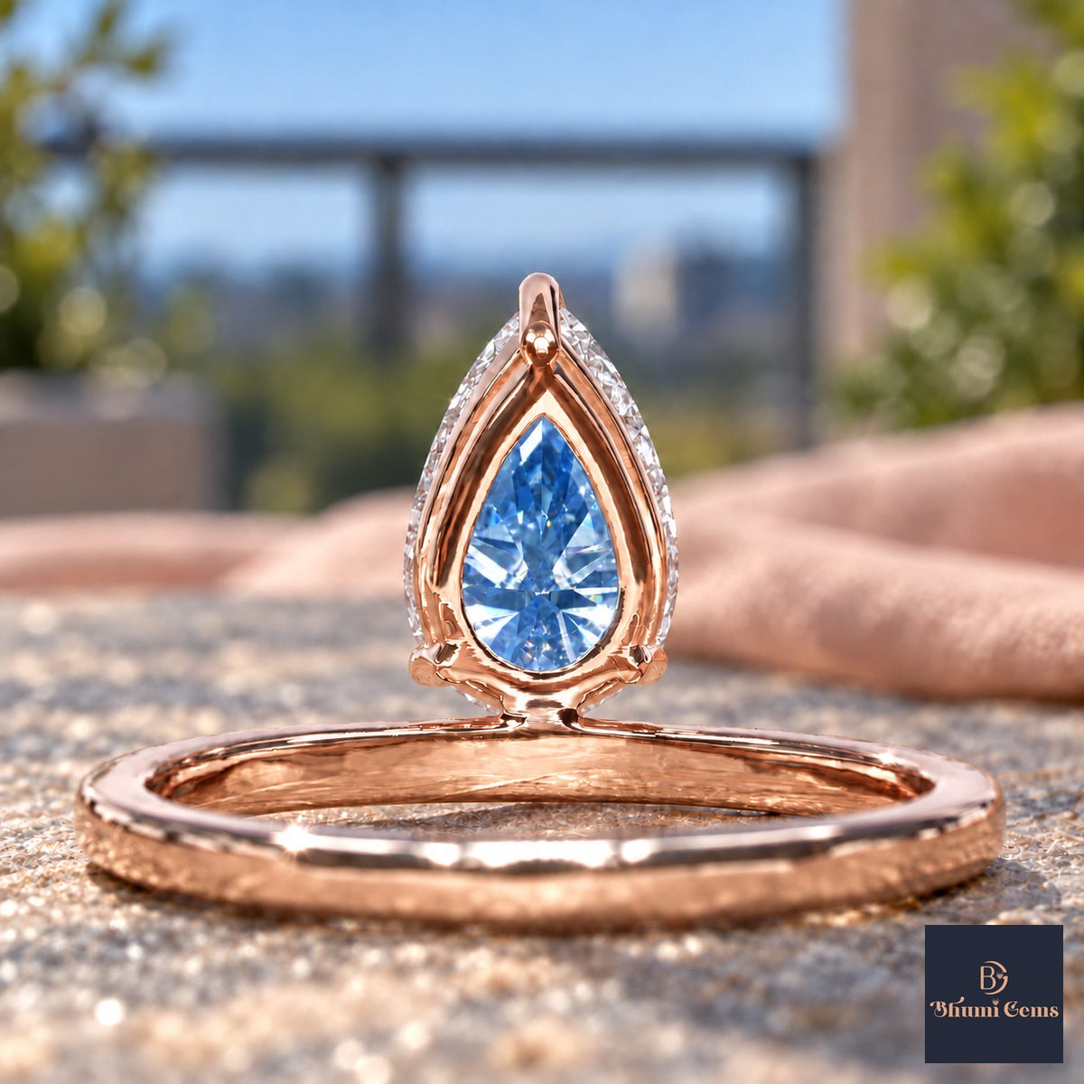 Blue Pear Cut Lab Grown Diamond Engagement Ring - Pave Band in rose gold, gallery view