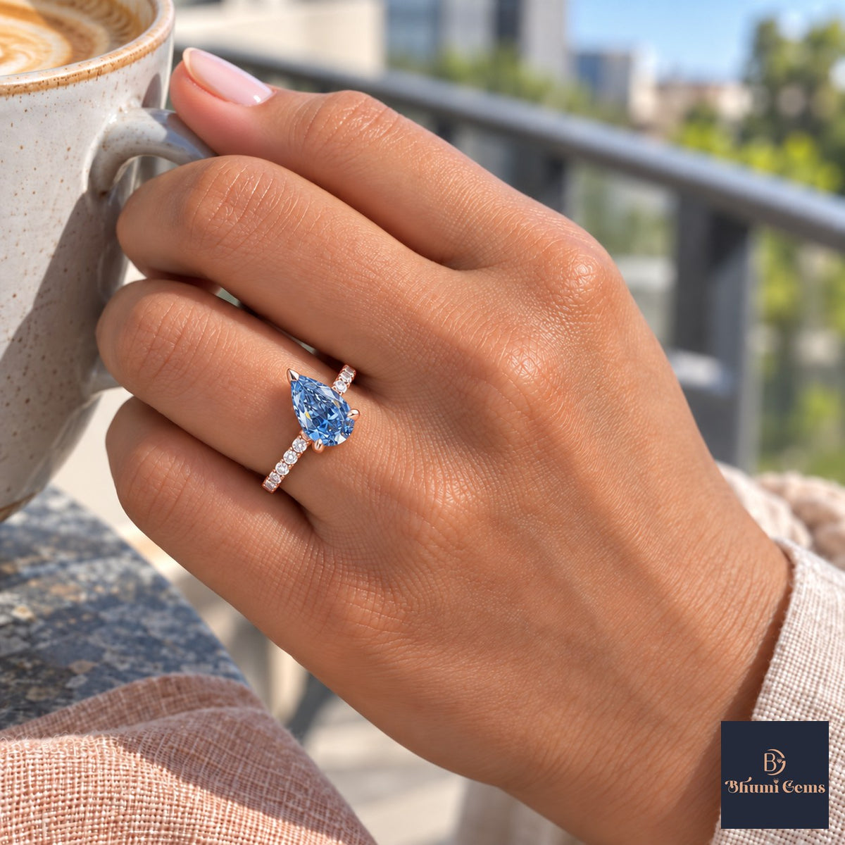 Blue Pear Cut Lab Grown Diamond Engagement Ring - Pave Band in rose gold, on the hand