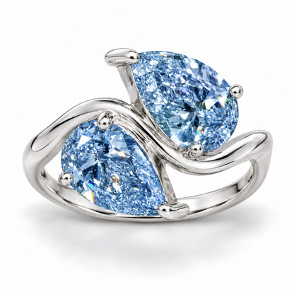 Blue Pear Cut Lab Grown Diamond Engagement Ring - Toi et Moi in white gold, front view