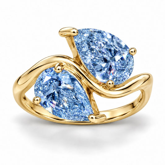 Blue Pear Cut Lab Grown Diamond Engagement Ring - Toi et Moi in yellow gold, front view