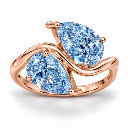 Blue Pear Cut Lab Grown Diamond Engagement Ring - Toi et Moi in rose gold, front view