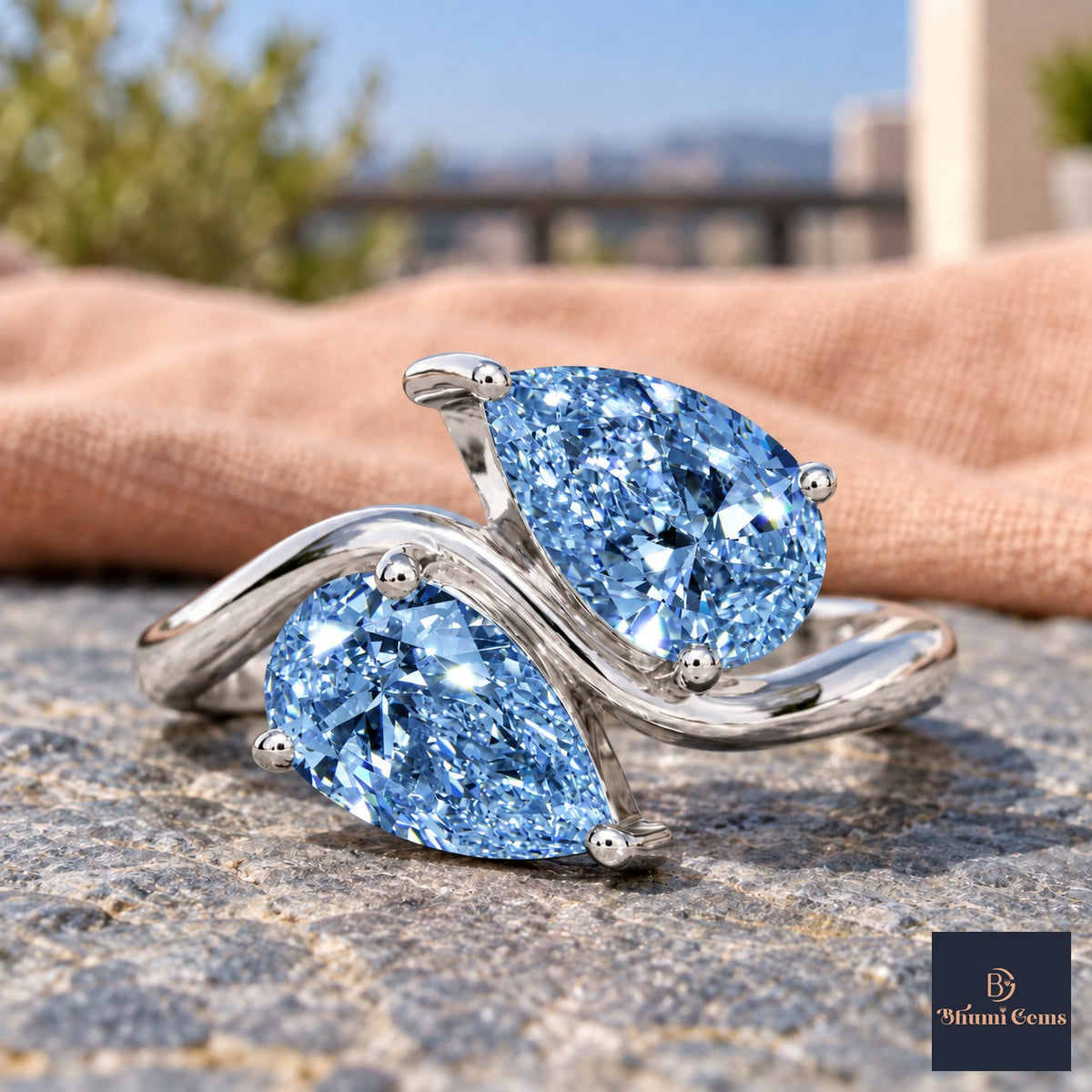 Blue Pear Cut Lab Grown Diamond Engagement Ring - Toi et Moi in white gold, close-up