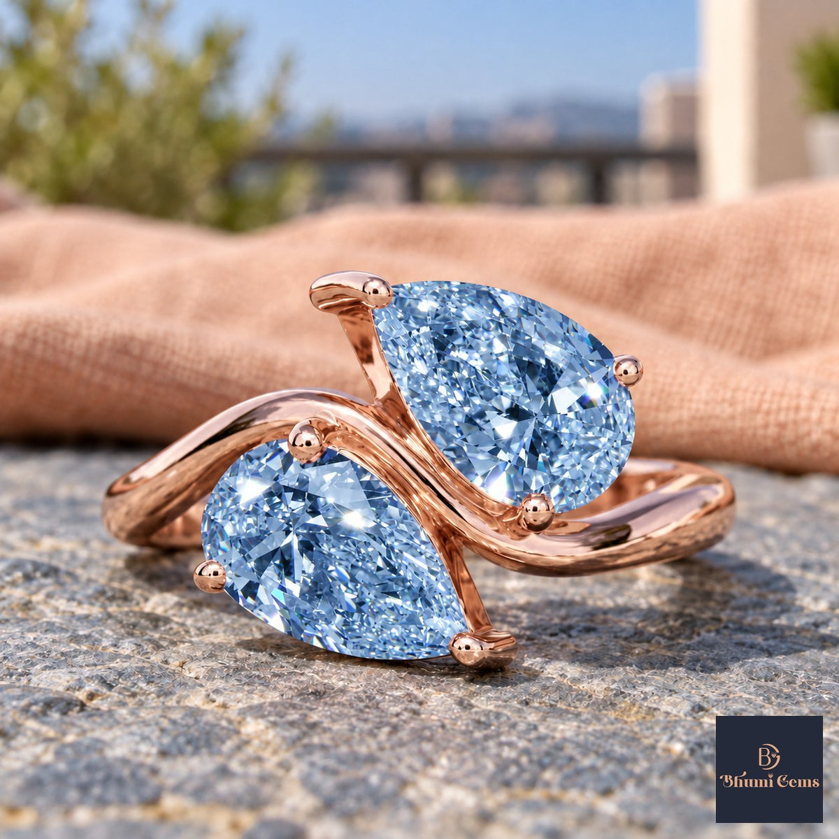 Blue Pear Cut Lab Grown Diamond Engagement Ring - Toi et Moi in rose gold, close-up