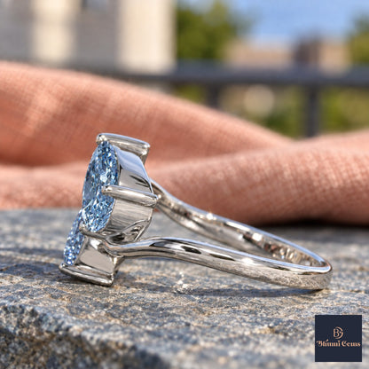 Blue Pear Cut Lab Grown Diamond Engagement Ring - Toi et Moi in white gold, side view