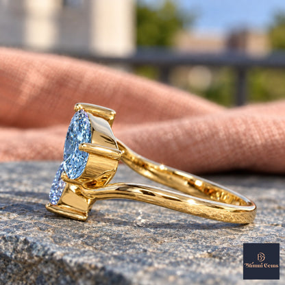 Blue Pear Cut Lab Grown Diamond Engagement Ring - Toi et Moi in yellow gold, side view