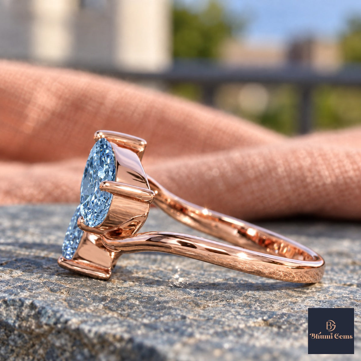 Blue Pear Cut Lab Grown Diamond Engagement Ring - Toi et Moi in rose gold, side view