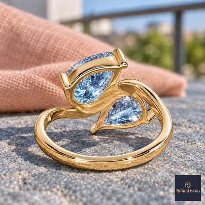 Blue Pear Cut Lab Grown Diamond Engagement Ring - Toi et Moi in yellow gold, gallery view