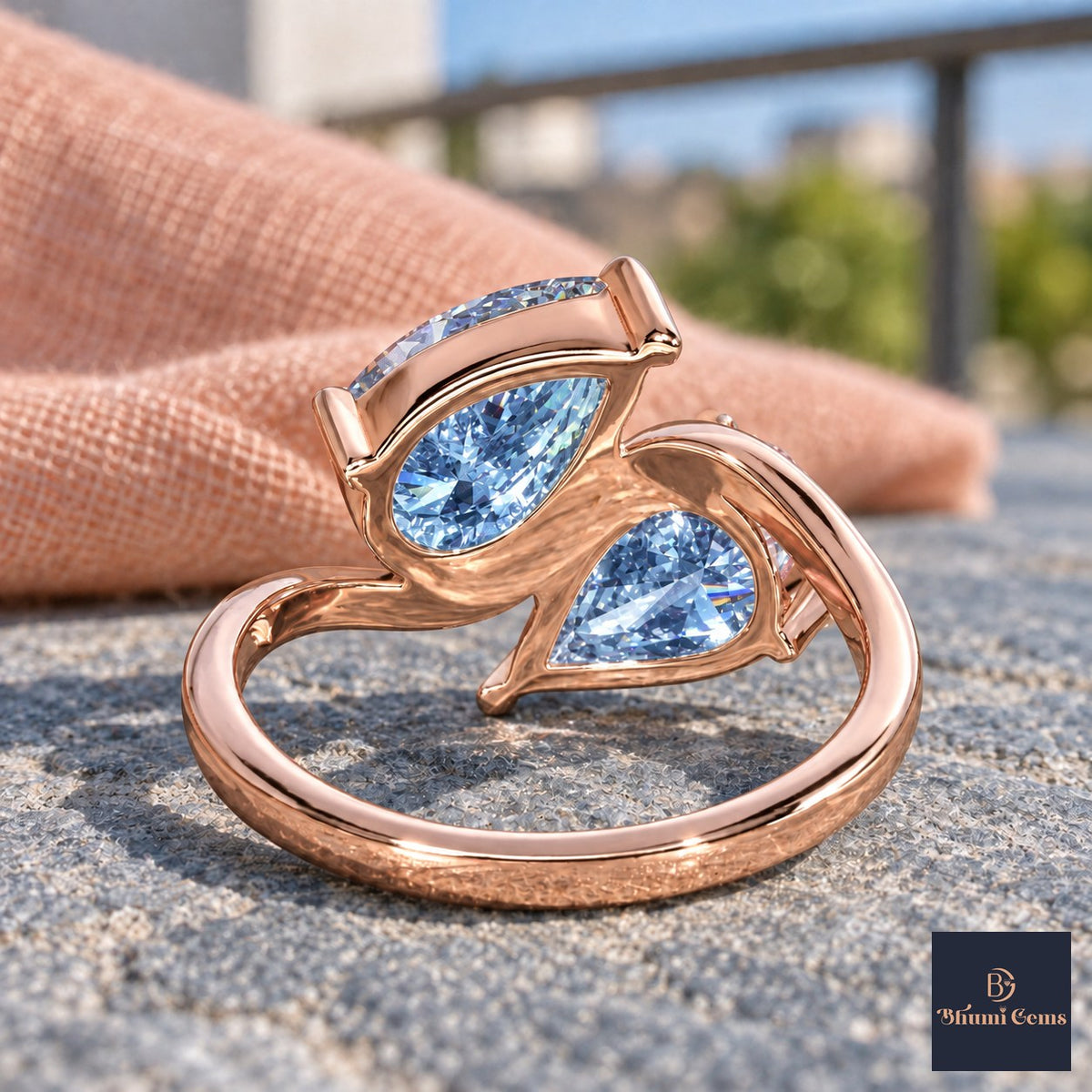Blue Pear Cut Lab Grown Diamond Engagement Ring - Toi et Moi in rose gold, gallery view