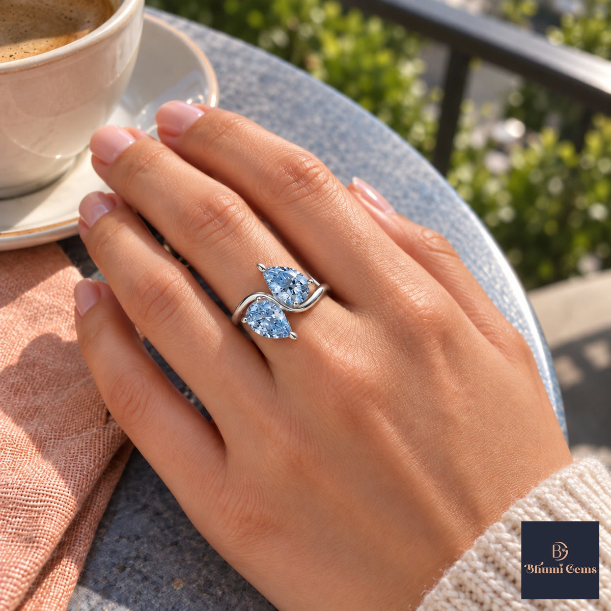 Blue Pear Cut Lab Grown Diamond Engagement Ring - Toi et Moi in white gold, on the hand