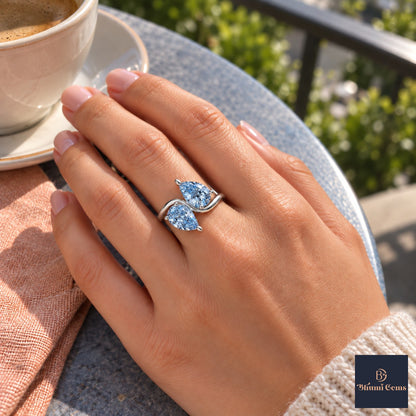 Blue Pear Cut Lab Grown Diamond Engagement Ring - Toi et Moi in white gold, on the hand