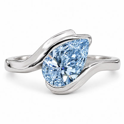 Blue Pear Cut Lab Grown Diamond Engagement Ring - Wrap Bypass Solitaire in white gold, front view
