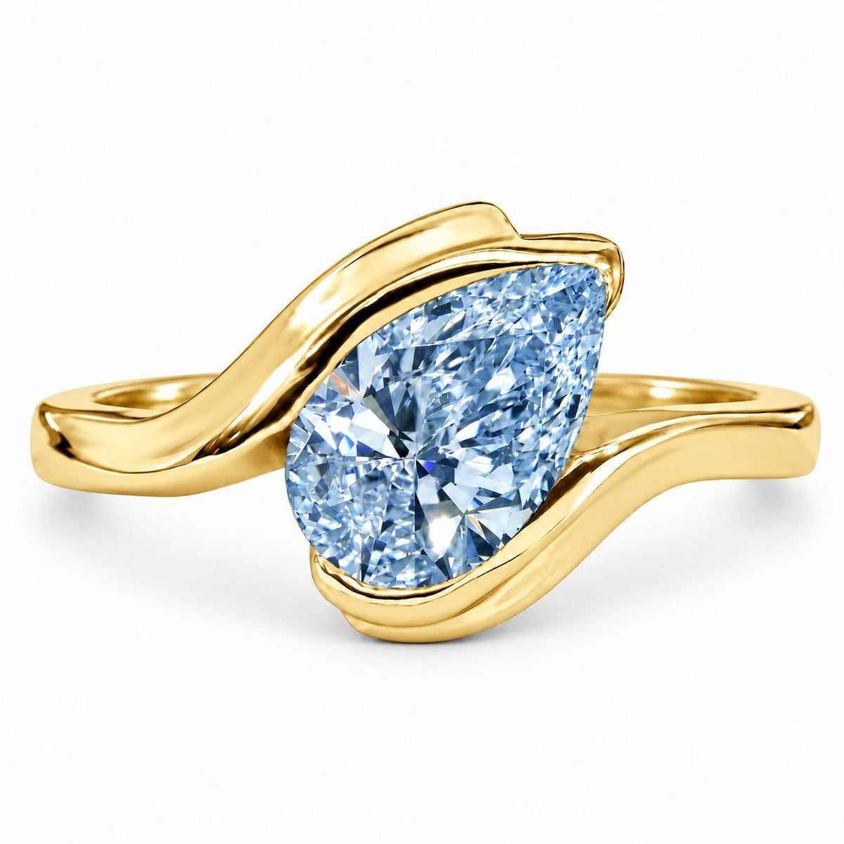 Blue Pear Cut Lab Grown Diamond Engagement Ring - Wrap Bypass Solitaire in yellow gold, front view