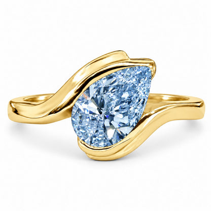 Blue Pear Cut Lab Grown Diamond Engagement Ring - Wrap Bypass Solitaire in yellow gold, front view