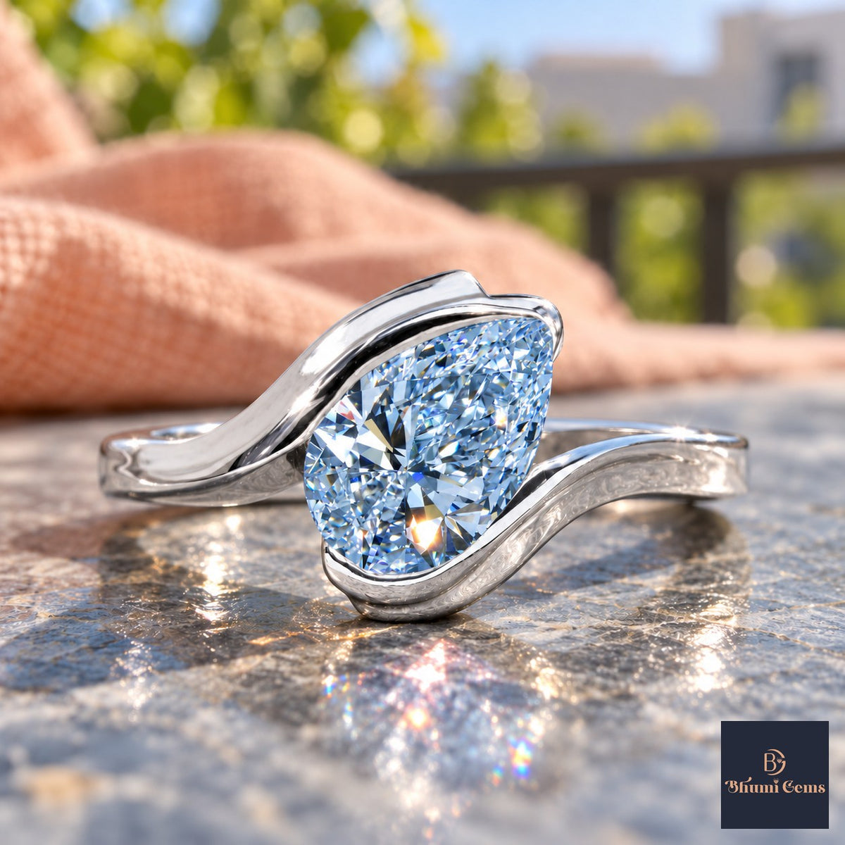 Blue Pear Cut Lab Grown Diamond Engagement Ring - Wrap Bypass Solitaire in white gold, close-up