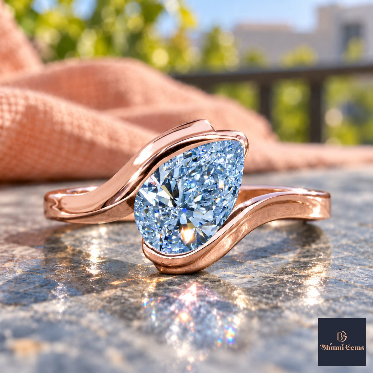 Blue Pear Cut Lab Grown Diamond Engagement Ring - Wrap Bypass Solitaire in rose gold, close-up