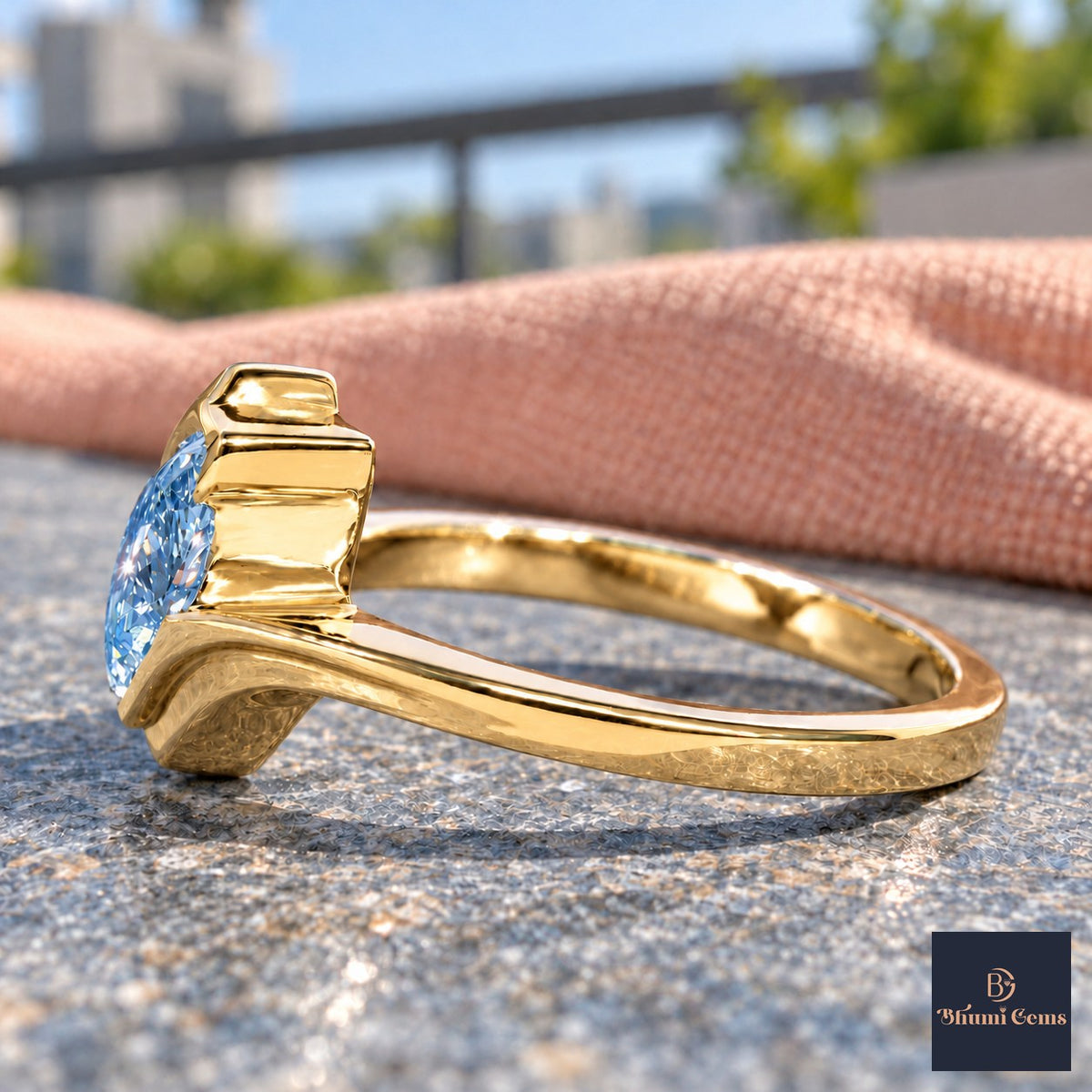 Blue Pear Cut Lab Grown Diamond Engagement Ring - Wrap Bypass Solitaire in yellow gold, side view