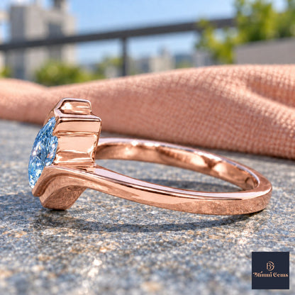 Blue Pear Cut Lab Grown Diamond Engagement Ring - Wrap Bypass Solitaire in rose gold, side view