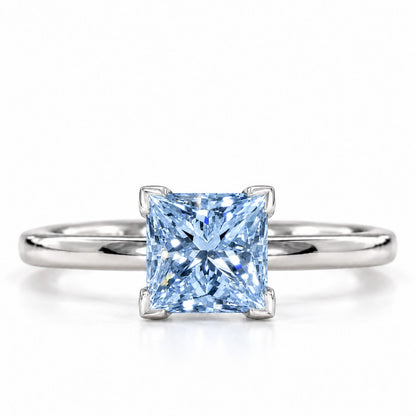 Blue Princess Cut Lab Grown Diamond Engagement Ring - Classic Solitaire in white gold, front view