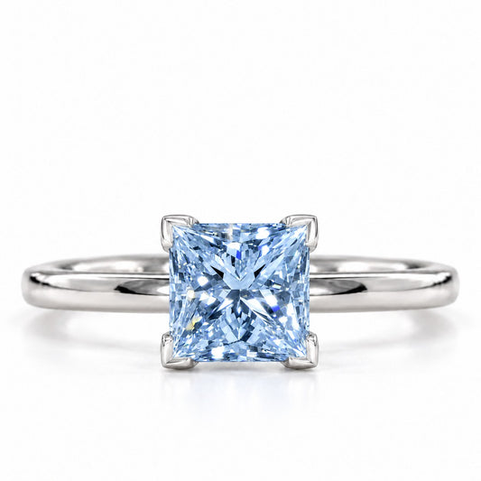 Blue Princess Cut Lab Grown Diamond Engagement Ring - Classic Solitaire in white gold, front view