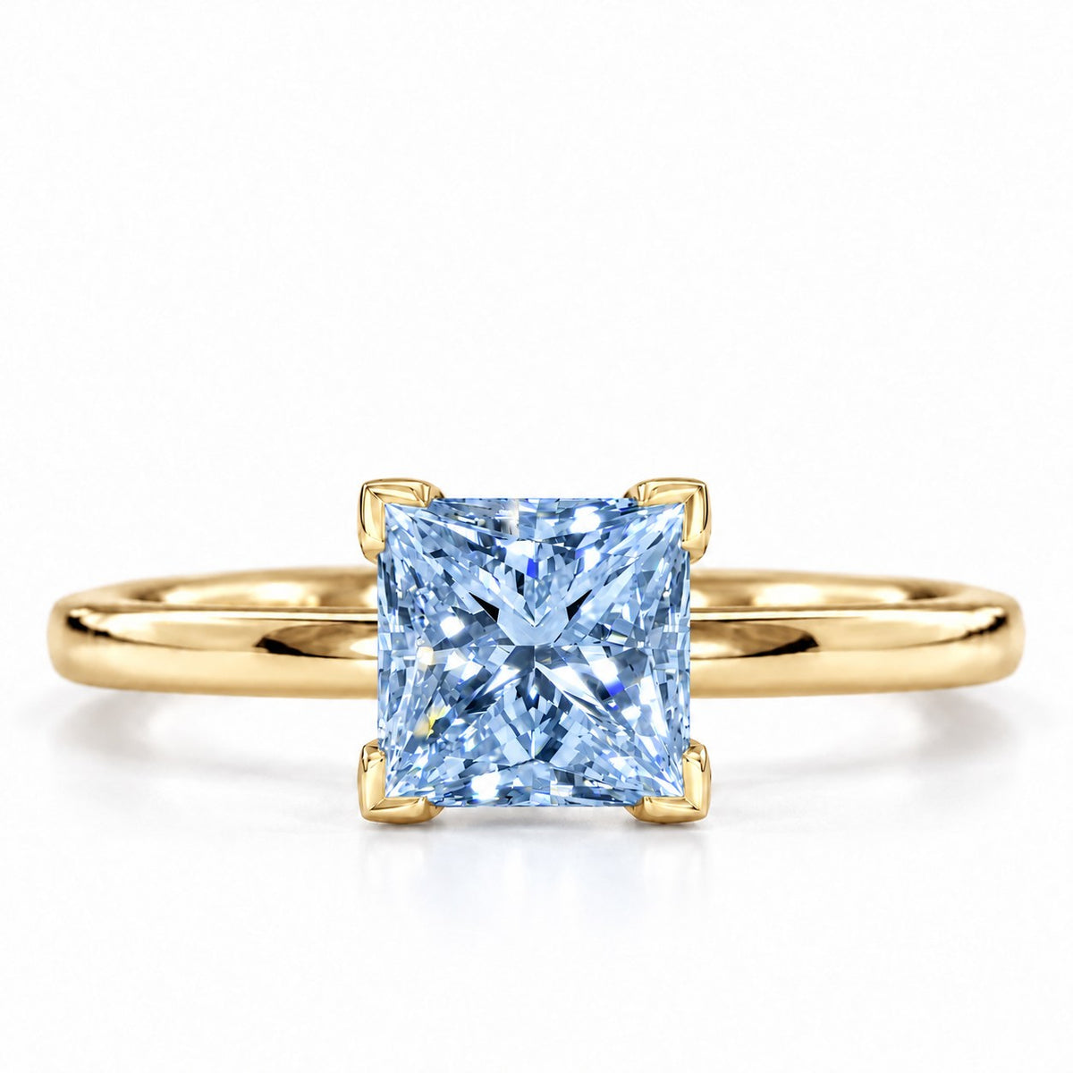 Blue Princess Cut Lab Grown Diamond Engagement Ring - Classic Solitaire in yellow gold, front view