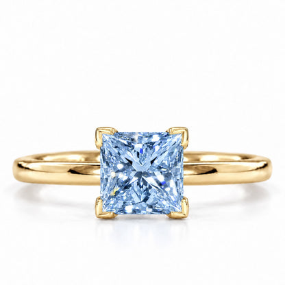 Blue Princess Cut Lab Grown Diamond Engagement Ring - Classic Solitaire in yellow gold, front view