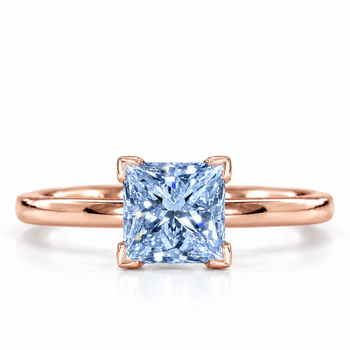 Blue Princess Cut Lab Grown Diamond Engagement Ring - Classic Solitaire in rose gold, front view