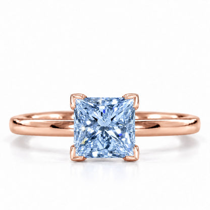 Blue Princess Cut Lab Grown Diamond Engagement Ring - Classic Solitaire in rose gold, front view